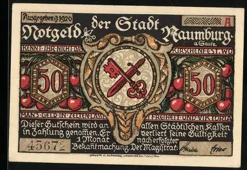 Notgeld Naumburg 1920, 50 Pfennig, Stadtwappen mit Kirschen und Hussitenmotiv, Seriennummer 4367