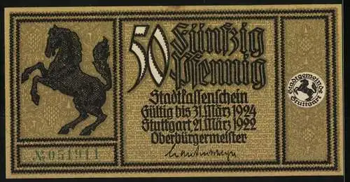 Notgeld Stuttgart 1922, 50 Pfennig, Stadtplan 1640 und springendes Pferd, Seriennummer und Wappen