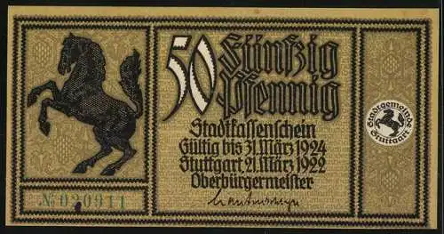 Notgeld Stuttgart 1922, 50 Pfennig, Stadtansicht und steigendes Pferd, Seriennummer 020911, Wappen enthalten