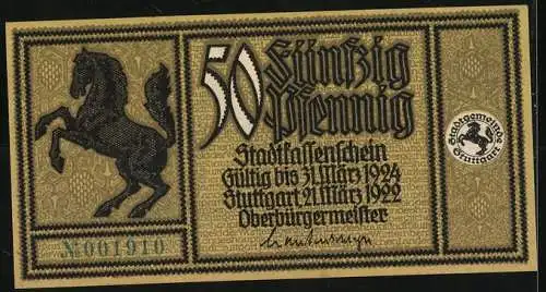 Notgeld Stuttgart 1922, 50 Pfennig, Kerlachrichterturm um 1700, springendes Pferd, Seriennummer, Wappen