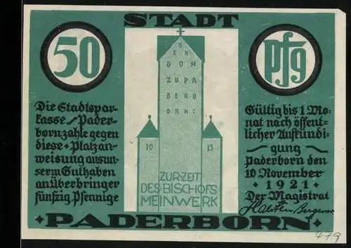 Notgeld Paderborn 1921, 50 Pfennig, Domturm und Bischofsmotiv