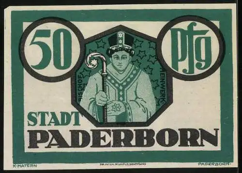 Notgeld Paderborn 1921, 50 Pfennig, Domturm und Bischofsmotiv