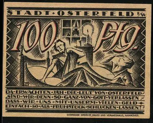 Notgeld Osterfeld 1921, 100 Pfennig, Bergmann mit Karren und schlafende Personen, Siegel und Unterschrift