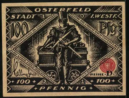 Notgeld Osterfeld 1921, 100 Pfennig, Bergmann mit Karren und schlafende Personen, Siegel und Unterschrift