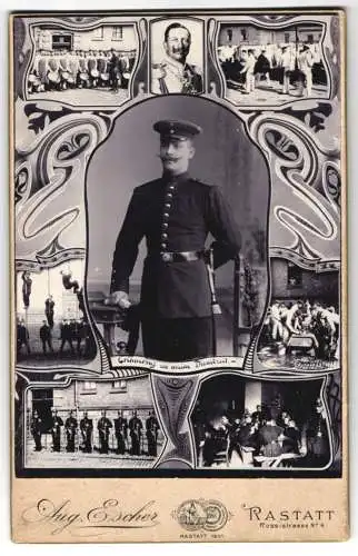 Fotografie Aug. Escher, Rastatt, Soldat in Uniform mit Bajonett, Passepartout Portrait Kaiser Wilhelm II. & Soldatenlebe