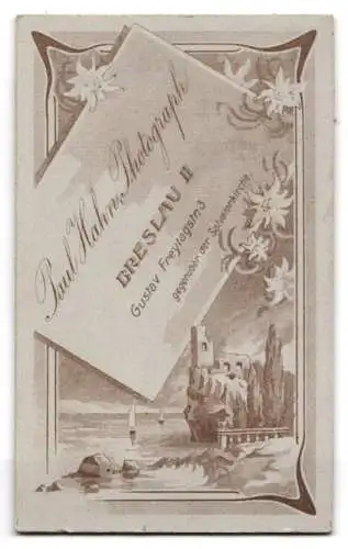 Fotografie Paul Hahn, Breslau, Gustav Freytagstr. 3, Anschrift des Fotografen auf Kärtchen mit Blick auf eine Ruine