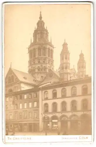 Fotografie Th. Creifelds, Cöln a. Rh., Ansicht Mainz, Geschäft Bernhard Göttig vor dem Mainzer Dom