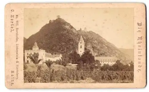 Fotografie O. Hertel, Mainz, Ansicht Bornhofen, Teilansicht des Ortes mit Blick zur Burg Liebenstein