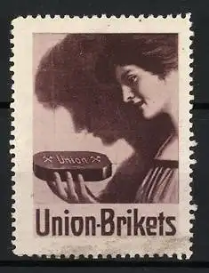 Reklamemarke Union-Brikets, Frau mit Kohlen-Brikett