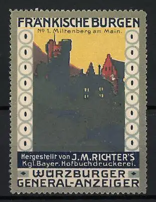 Reklamemarke Miltenberg, Fränkische Burgen No.1, Silhouette einer Burg bei Sonnenuntergang, Würzburger General-Anzeiger