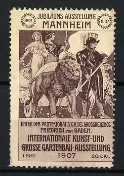 Reklamemarke Mannheim, Jubiläums-Ausstellung 1907, Löwe und Krieger