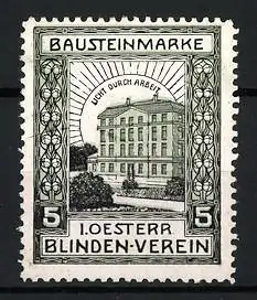 Reklamemarke I. Oesterr. Blinden-Verein, Gebäude mit Strahlenkranz