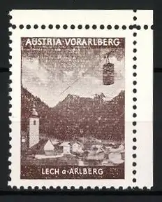 Reklamemarke Austria-Vorarlberg, Lech a. Arlberg, Berglandschaft mit Kirche