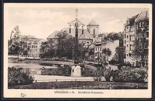 AK Königsberg i. Pr., Schlossteich-Promenade mit Passanten