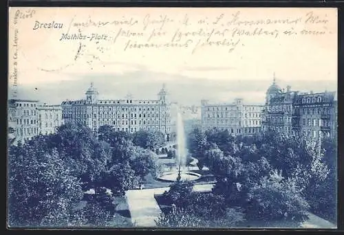 AK Breslau, Mathias-Platz mit Anlagen und Fontäne