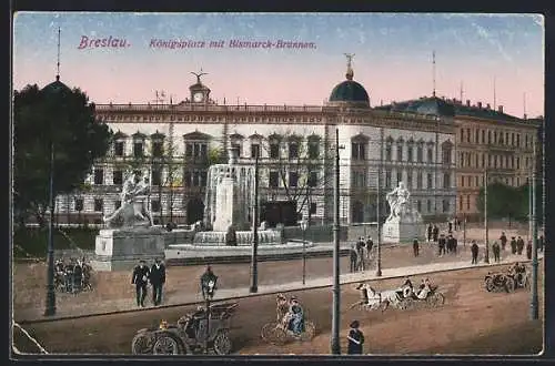 AK Breslau, Königsplatz mit Bismarck-Brunnen, Autos und Fahrräder