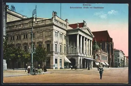 AK Breslau, Schweidnitzer Strasse mit Stadttheater