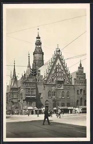 AK Breslau, Rathaus von der Kornecke mit Bäckerei