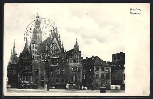 AK Breslau, Rathaus und Geschäften und Gasthaus, 