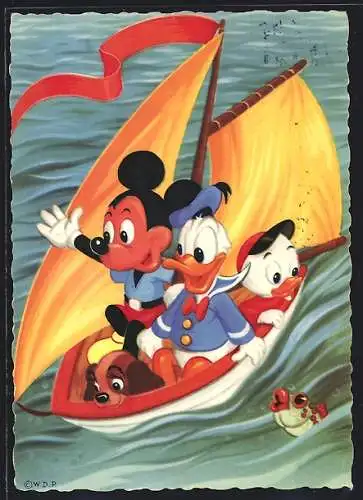 AK Walt Disney, Donald mit Neffe und Micky Maus in Segelboot