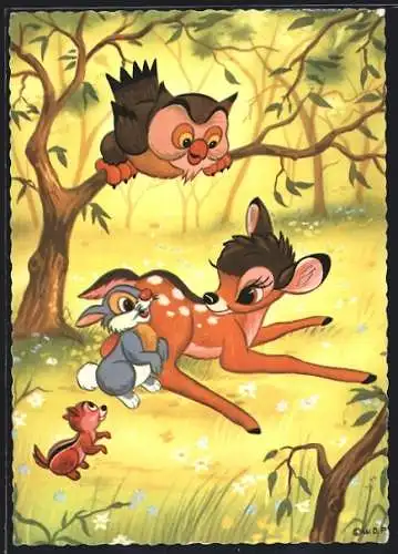 AK Bambi mit Eule, Hasen und Eichhörnchen, Comic von Walt Disney