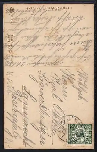 Ölgemälde-Imitations-AK Imita / A.S.-M. Leipzig Nr. 9619: Zwei Männer mit Wirtin im Gasthaus