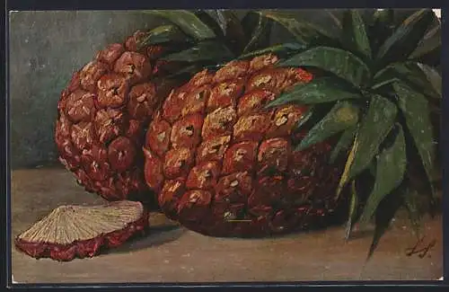 Ölgemälde-Imitations-AK Imita / A.S.-M. Leipzig Nr. 316: Stillleben, Ananas