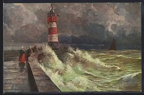 Ölgemälde-Imitations-AK Imita / A.S.-M. Leipzig Nr. 613: Leuchtturm mit Blick auf das Meer