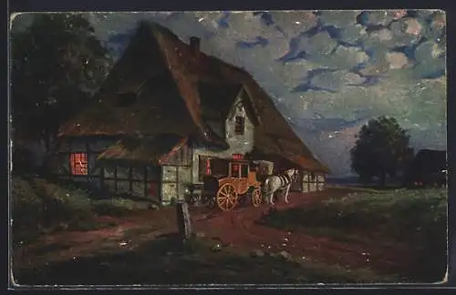 Ölgemälde-Imitations-AK Imita / A.S.-M. Leipzig Nr. 648: Bauernhaus mit Postkutsche am Abend