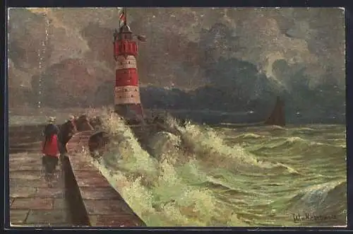 Ölgemälde-Imitations-AK Imita / A.S.-M. Leipzig Nr. 613: Leuchtturm mit Blick auf das Meer