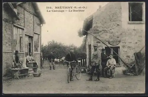 AK Brétigny, Le Carouge, Le Barbier avec cycliste et habitants devant la boutique