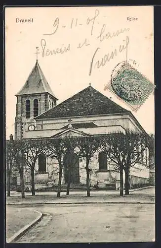 AK Draveil, Église avec arbres en hiver