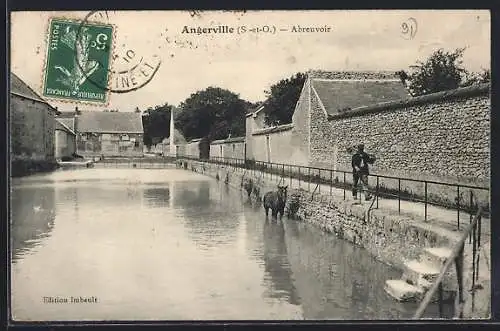 AK Angerville, Abreuvoir avec homme et chevaux le long de l`eau