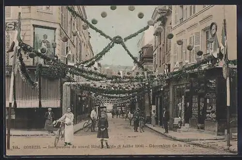 AK Corbeil, Inauguration du nouvel Hôtel de Ville, décoration de la rue Notre-Dame (8 Juillet 1906)