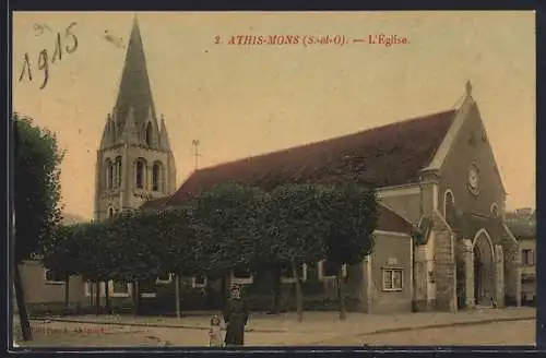 AK Athis-Mons, L`Église et la place arborée