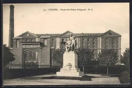 AK Corbeil, Statue des Frères Galignani devant l`usine industrielle