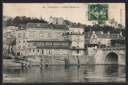 AK Corbeil, Hôtel Bellevue sur la rivière avec pont en arrière-plan