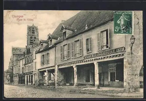 AK Étampes, Place St. Gilles avec bâtiments historiques et enseignes commercantes