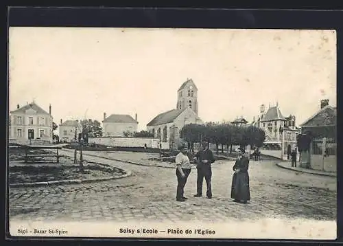 AK Soisy-sous-École, Place de l`Église avec habitants discutant