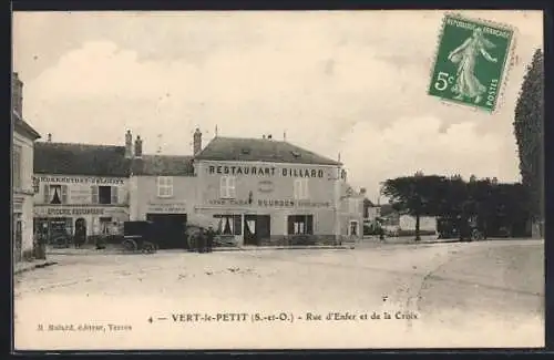 AK Vert-le-Petit, Rue d`Enfer et de la Croix avec restaurant et billard