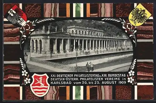 AK Karlsbad, XXI. Deutscher Philatelistentag 1909, Flusspartie im Wappen-Passepartout
