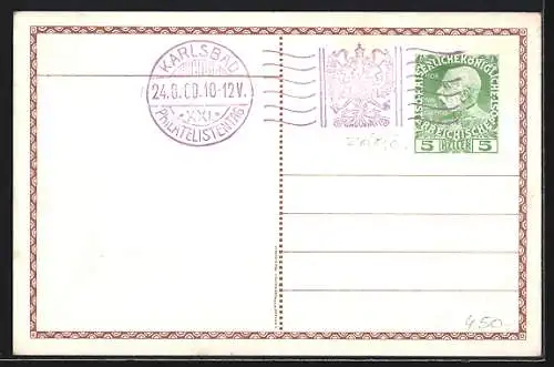 AK Karlsbad, XXI. Deutscher Philatelistentag 1909, Flusspartie im Wappen-Passepartout
