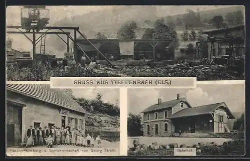 AK Tieffenbach /Els., An der Hütte, Flascherbierhdlg. und Gasthaus Georg Strohl, Bahnhof