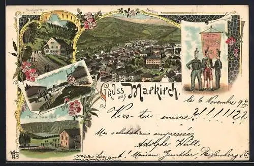 Lithographie Markirch, Sermonette, Französische Grenze, Weisser See und Hotel, Bergmänner in Uniform, Totalansicht