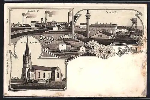 Lithographie Spittel, Schacht VI, Schacht II, Kath. Kirche, Bahnhof