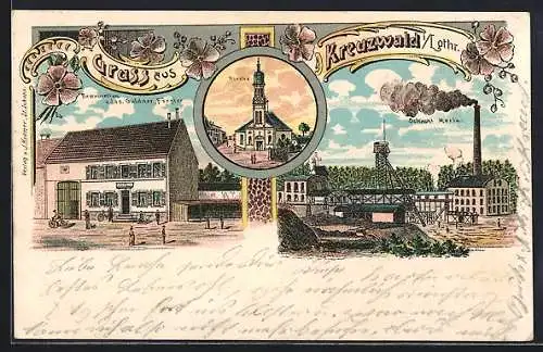 Lithographie Kreuzwald i. Lothr., Restaurant v. Jos. Guldner, Schacht Maria, Kirche