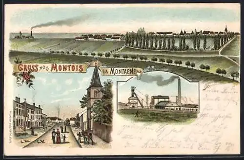 Lithographie Montois la Montagne, Blick auf das Hüttenwerk, Strassenpartie, Totalansicht