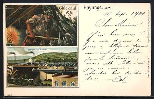 Lithographie Hayange /Lorr., Forges de Wendel, Bergmann bei der Arbeit