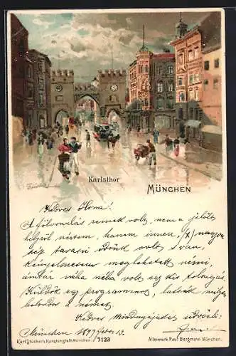 Lithographie München, Passanten vor dem Karlsthor