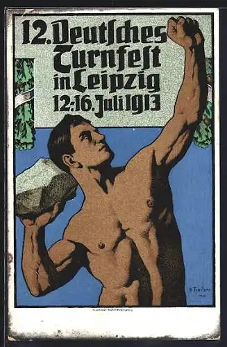 Künstler-AK Leipzig, 12. Deutsches Turnfest 1913, Athlet mit Fels